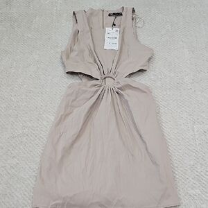 Zara Tan Backless Sheath Dress Sleeveless Crew Neck for Casual